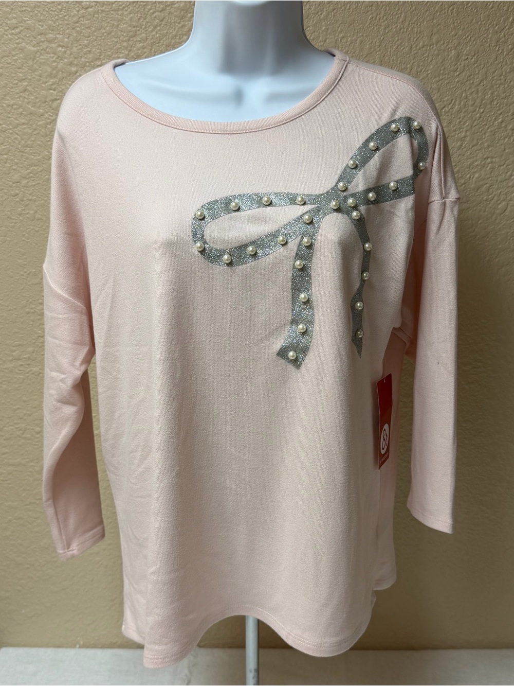 4/$20 89th & Madison Light Pink Long-Sleeve Top with Pearl-Trim Bow